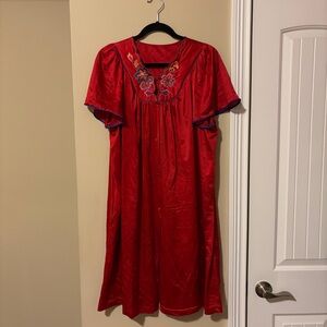 Red Nightgown with Floral Embroidery
